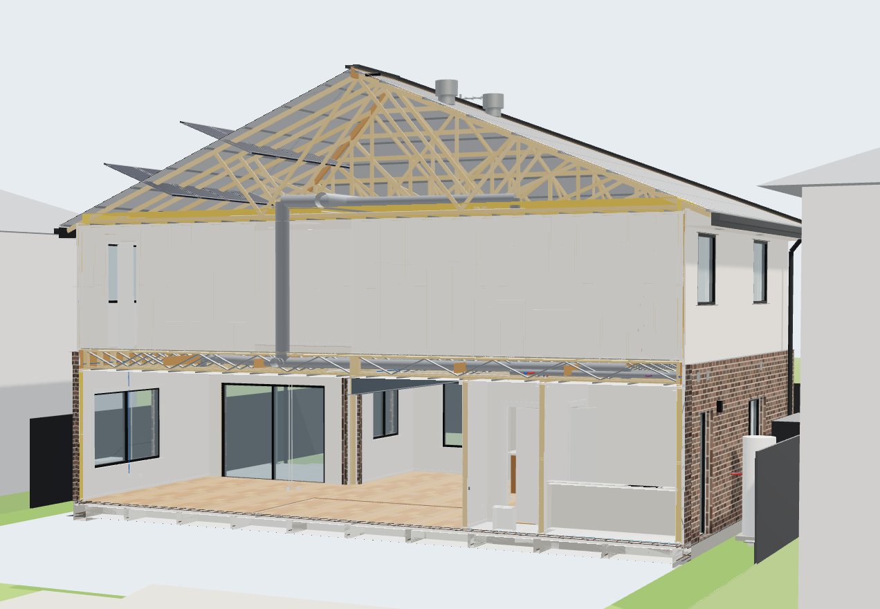 Our 3D build of a Melbourne two-storey, cut open to show the frame, floor and roof